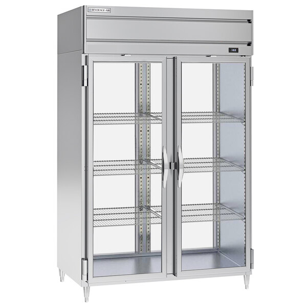 A Beverage-Air stainless steel pass-through refrigerator with glass doors.