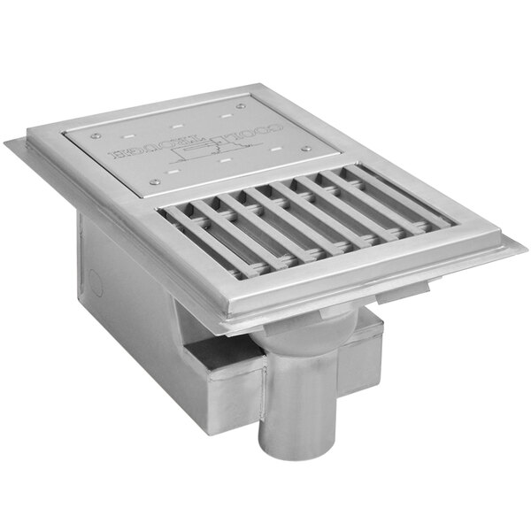 An Eagle Group stainless steel floor trough with a metal grate over a drain hole.