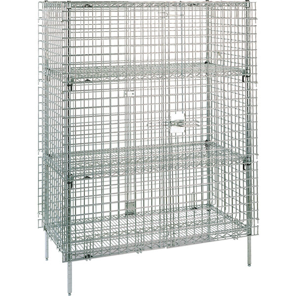 A Metro wire cage with three shelves and a lock.