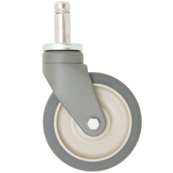 A MetroMax iQ polymer swivel stem caster with a rubber tire and a metal stem.