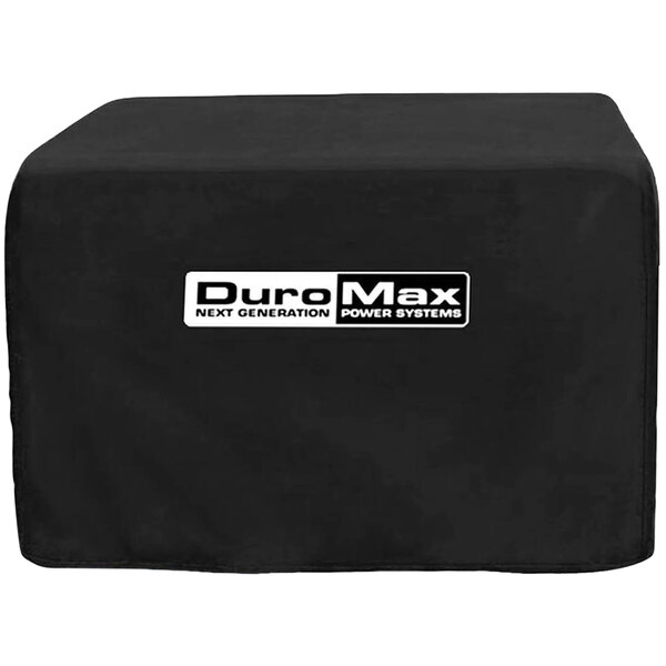 A black DuroMax generator cover with white text and a logo.