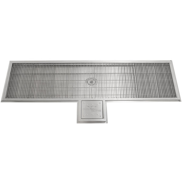 A rectangular stainless steel trough with a metal grate over a drain.