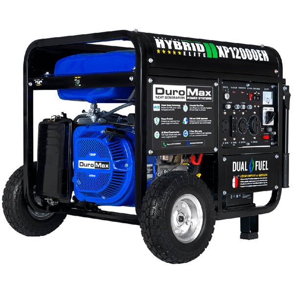 A DuroMax portable generator with wheels and a blue propane tank.