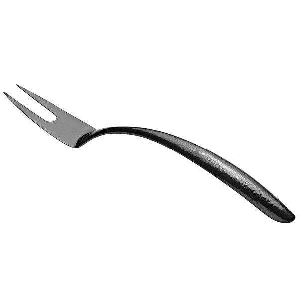 A Bon Chef stainless steel serving fork with a black hammered handle and a curved tip.