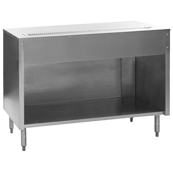 An Eagle Group metal urn stand with a stainless steel counter top and shelf inside a metal cabinet.