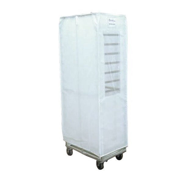 A white Plate Mate mobile plate rack with a white vinyl cover.
