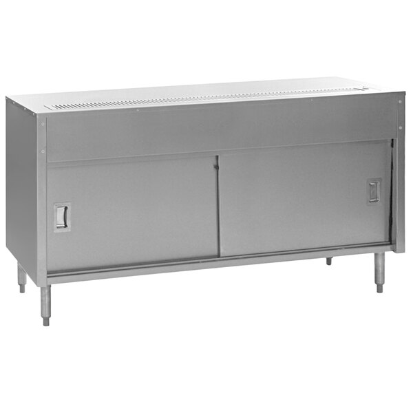 A stainless steel Eagle Group Urn Stand cabinet with sliding doors.