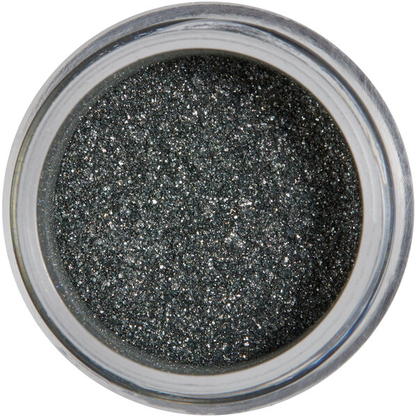 A jar of Roxy & Rich black sparkle dust with a white lid.
