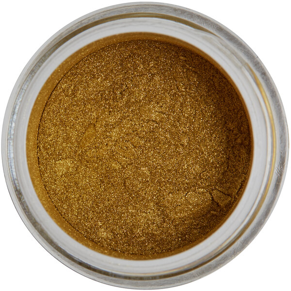 A jar of Roxy & Rich Dark Gold Lustre Dust with gold powder inside.