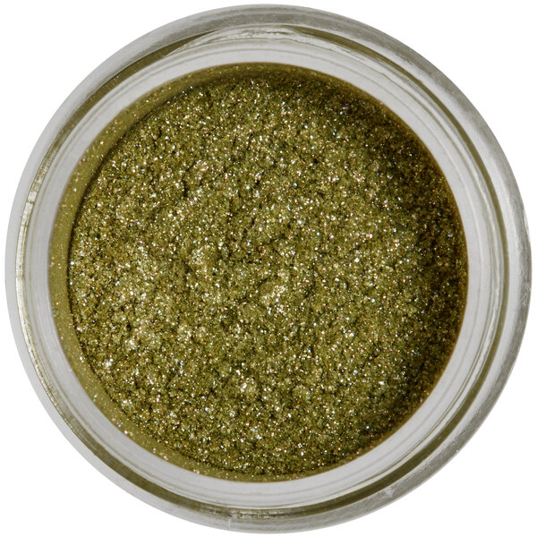 A jar of Roxy & Rich khaki green sparkle dust.