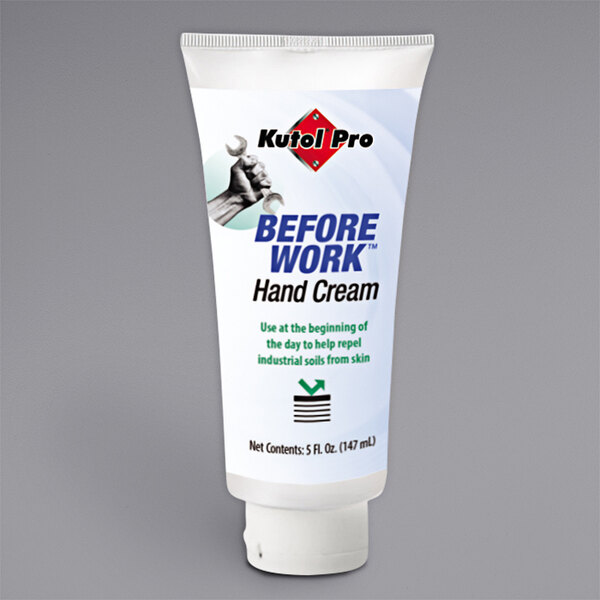 A white Kutol Pro tube of before work hand cream with a white label.