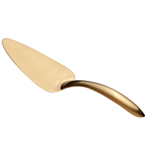 A Bon Chef gold matte stainless steel cake server with a hollow handle.