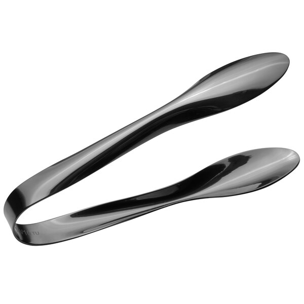 A pair of black stainless steel tongs with hollow silver handles.