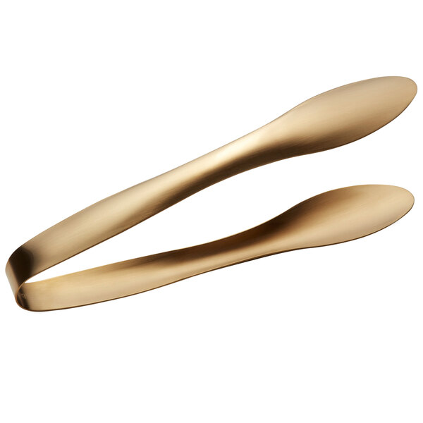 A pair of Bon Chef gold stainless steel tongs with hollow cool handles.