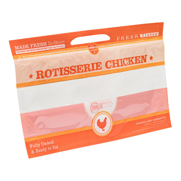 A large plastic bag with a label reading "Fresh Flavor Rotisserie Chicken" containing a rosette chicken.