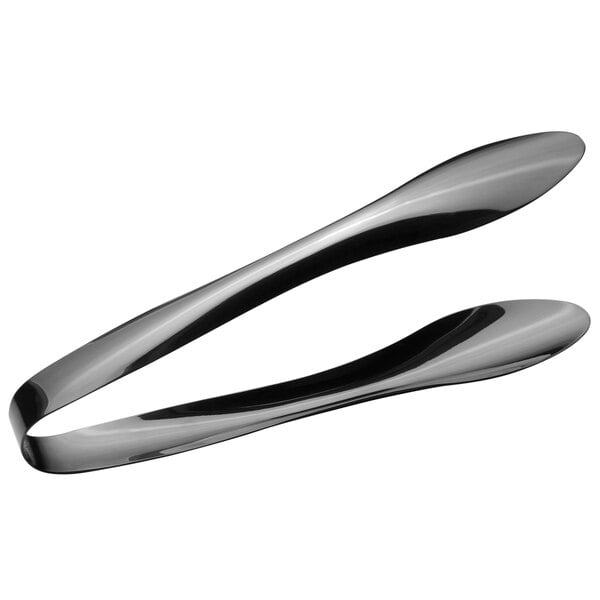A pair of black and silver Bon Chef stainless steel serving tongs.