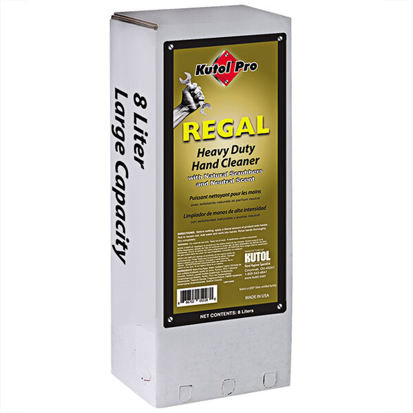 A white box of Kutol Regal hand cleaner with a black and yellow label.