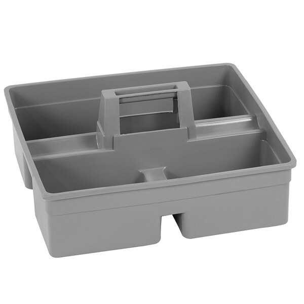 A gray plastic tool caddy with three compartments and a handle.
