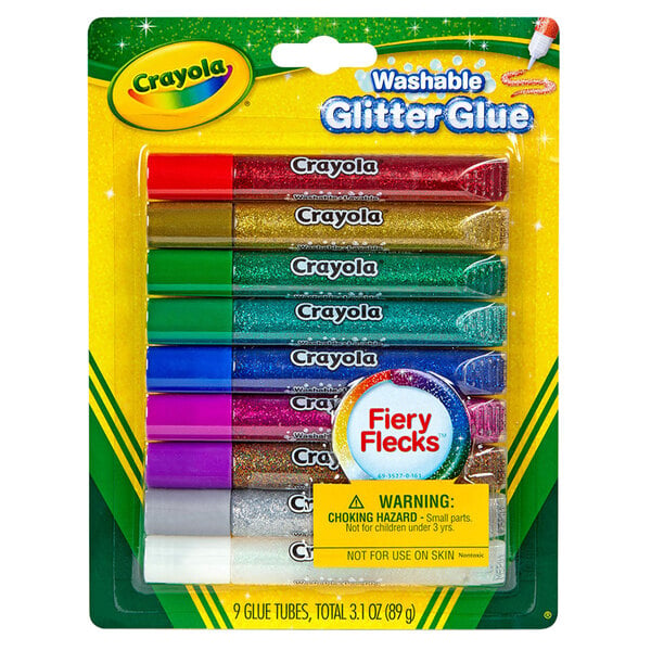 A package of Crayola glitter glue sticks with fiery flecks.