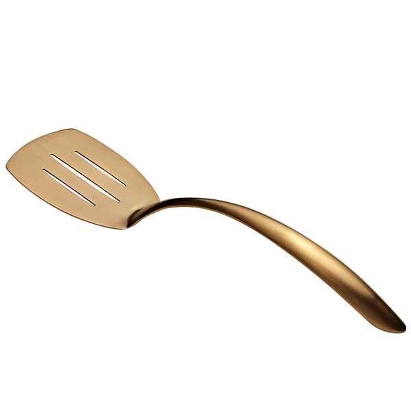 A Bon Chef gold matte stainless steel slotted turner with a hollow cool handle.