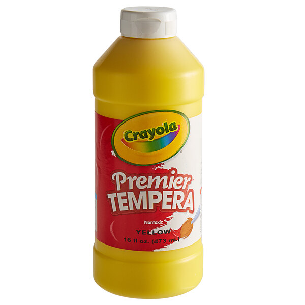 A yellow bottle of Crayola Premier Tempera Paint with a white label.