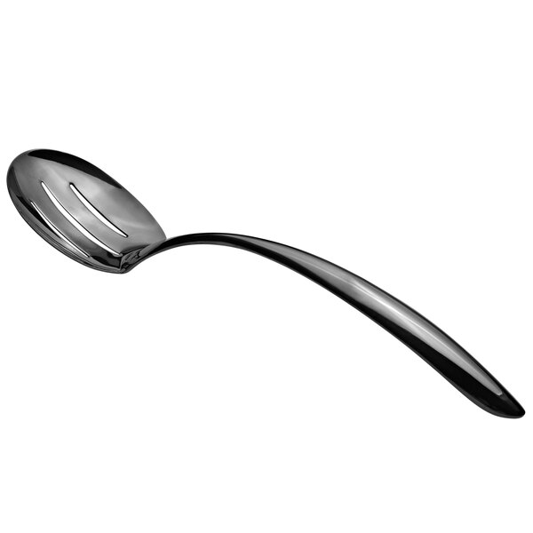 A Bon Chef stainless steel slotted serving spoon with a black hollow handle.
