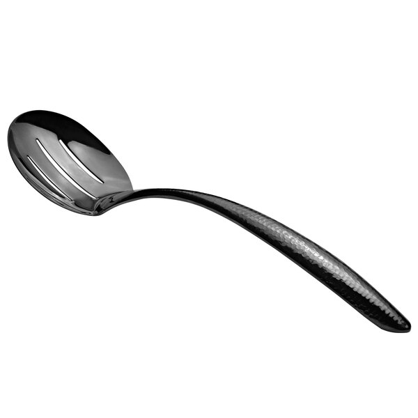 A black stainless steel slotted serving spoon with a hollow handle.