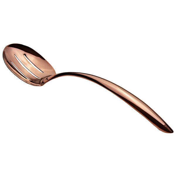 A Bon Chef slotted serving spoon with a long hollow handle and rose gold accents.