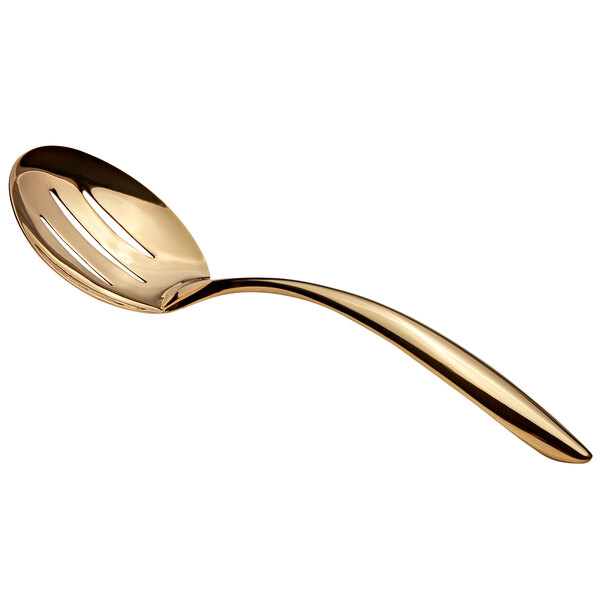 A Bon Chef stainless steel slotted serving spoon with a hollow gold handle.