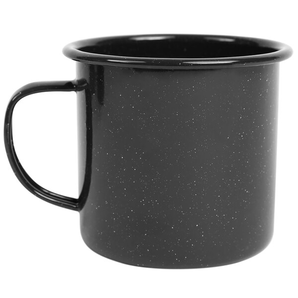 A Crow Canyon Home black enamelware mug with a handle.