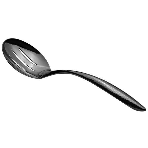 A Bon Chef slotted serving spoon with a black hammered stainless steel handle.