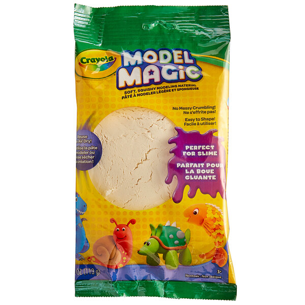 A yellow plastic bag of Crayola Model Magic white modeling compound with a white circle.