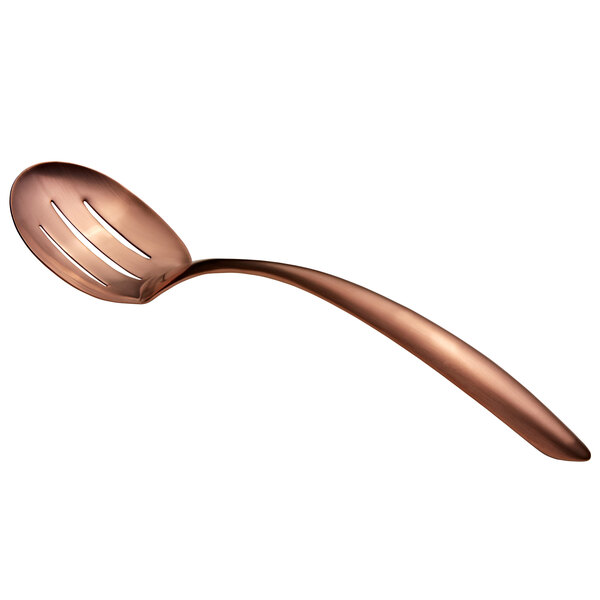 A close-up of a Bon Chef rose gold stainless steel slotted serving spoon with a hollow handle.