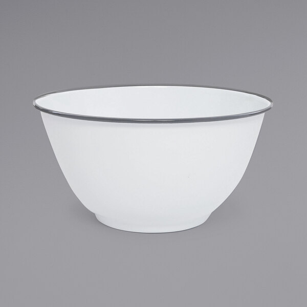 A white bowl with a grey rim.