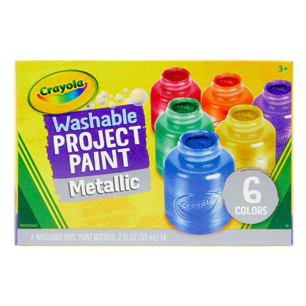 A box of 6 Crayola metallic washable project paint bottles in assorted colors.