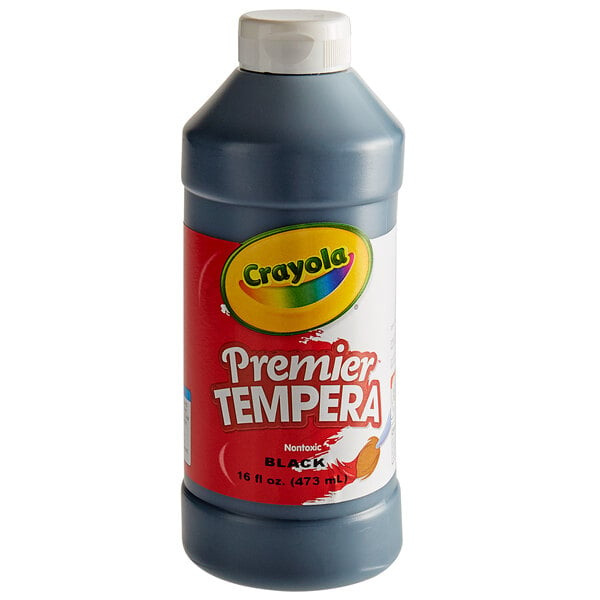 A close up of a bottle of Crayola Premier black tempera paint.