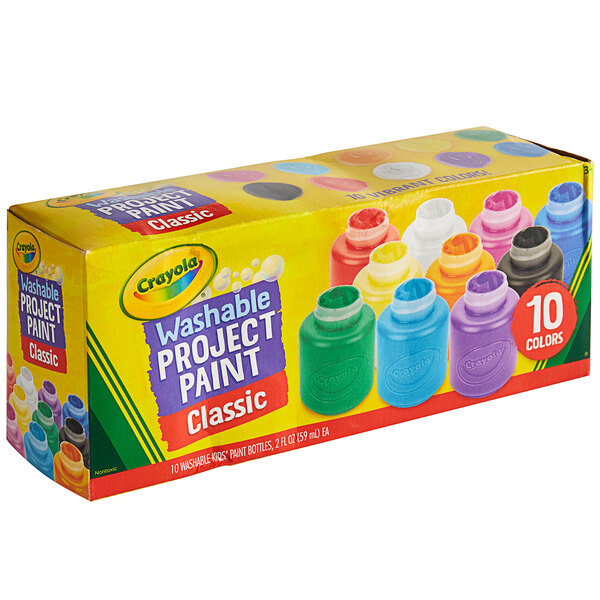 A box of Crayola project paint bottles in different colors.