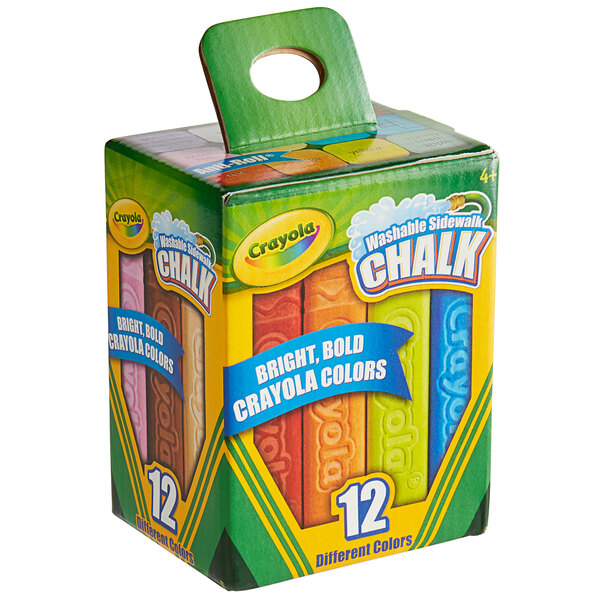 A close up of the Crayola Washable Sidewalk Chalk box label with 12 assorted colors.