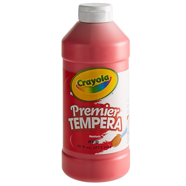 A container of Crayola Premier red tempera paint.