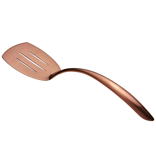 A Bon Chef rose gold stainless steel slotted turner with a hollow cool handle.