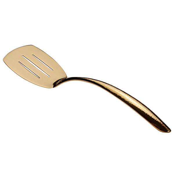 A Bon Chef gold stainless steel slotted serving turner with a hollow cool handle.