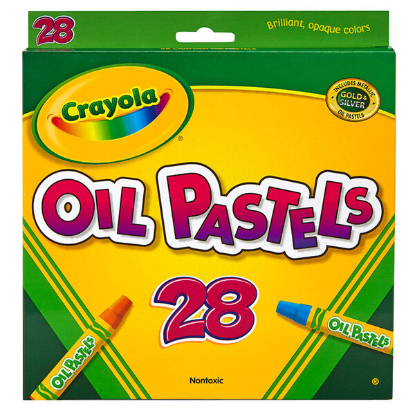 A white box of Crayola oil pastels with yellow and green crayons on the front.
