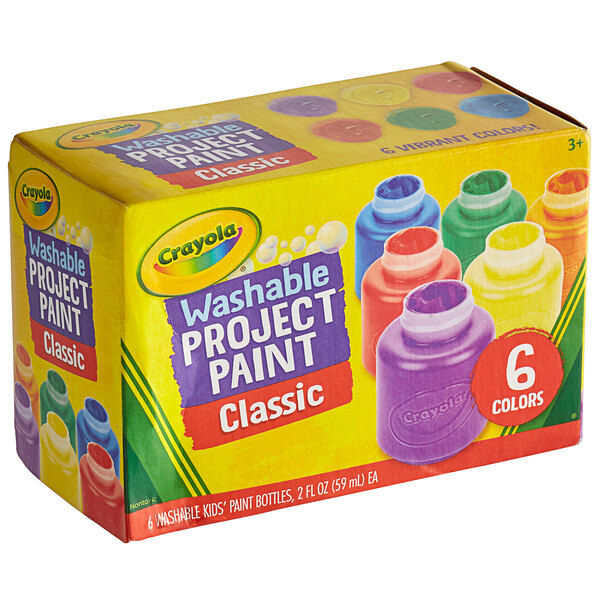 A box of 6 Crayola Project Paint bottles, each a different color, with a white cap.