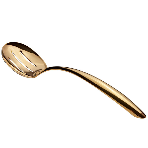 A Bon Chef gold stainless steel slotted spoon with a long handle.