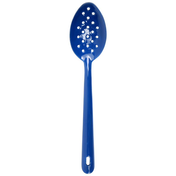 A medium blue enamel slotted spoon.