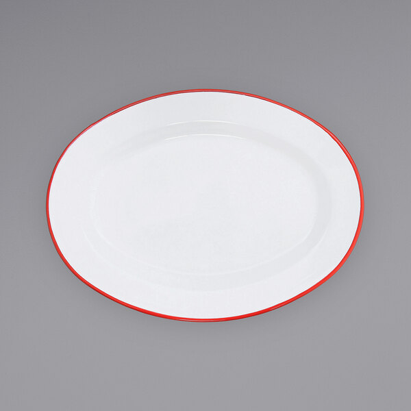 Crow Canyon Home V94RED Vintage 11 7/8" x 8 11/16" White Enamelware Oval Plate with Red Rolled Rim