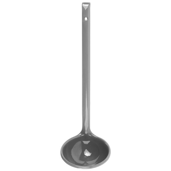 A grey ladle with a long handle.