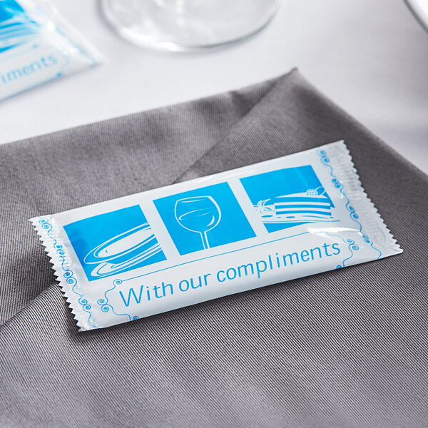 Hotel Amenity Pre-moistened Hand Wipes Wet Napkins with Our Compliments Logo Picnic Extra Thick Large Towel Size 10x8 for Home Pack of 50 Office