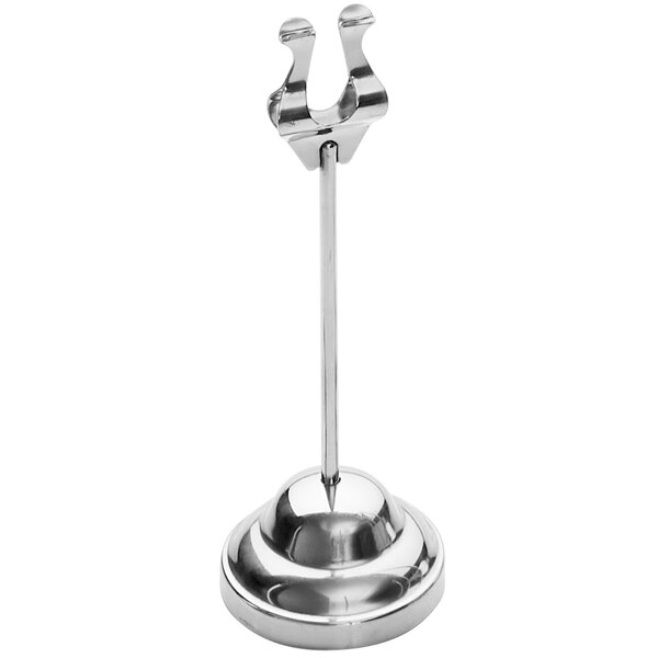 An American Metalcraft stainless steel harp table card holder with a weighted base.