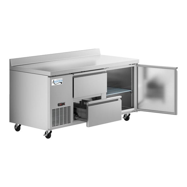 An Avantco stainless steel worktop refrigerator with 2 left drawers and 1 door open.